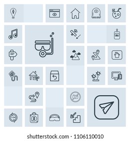 Modern, simple, grey vector icon set with navigation, location, communication, glasses, return, summer, sea, order, web, bag, palm, price, sign, pin, tree, route, flight, plane, business, mask icons