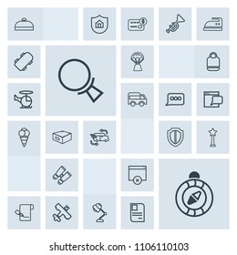 Modern, simple, grey vector icon set with protect, document, vision, hot, north, page, business, east, security, airplane, pen, spy, protection, trip, lamp, light, air, compass, shield, sky, bag icons