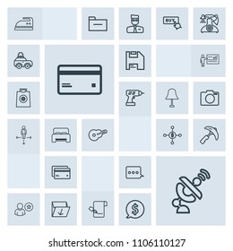 Modern, simple, grey vector icon set with guitar, business, picking, housework, banking, profile, dollar, waste, paper, message, equipment, pen, bedroom, iron, domestic, garbage, technology, bed icons