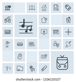 Modern, simple, grey vector icon set with credit, satellite, antenna, landlord, musical, document, technology, communication, hammer, money, fun, bag, house, temperature, profile, card, scale icons