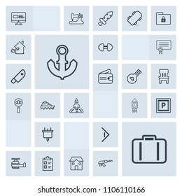 Modern, simple, grey vector icon set with boat, mark, street, workout, construction, list, arrow, transportation, technology, check, bag, luggage, right, nautical, anchor, plug, button, fitness icons