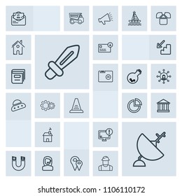 Modern, simple, grey vector icon set with satellite, technology, home, building, map, science, house, blade, bag, pole, field, mail, antenna, sky, finance, road, money, headset, office, greek icons