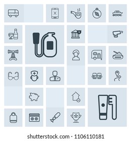 Modern, simple, grey vector icon set with business, clean, transportation, transport, removal, property, competition, house, fire, bomb, leather, health, investment, brush, sound, money, falling icons