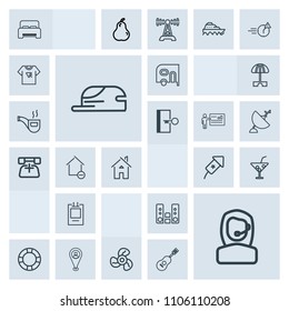 Modern, simple, grey vector icon set with pool, bedroom, audio, water, play, double, electric, map, ring, transport, holiday, business, delivery, air, pin, furniture, travel, cap, transportation icons