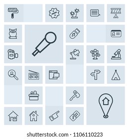 Modern, simple, grey vector icon set with arrow, public, architecture, showing, home, roller, tent, outdoor, hammer, house, camp, finger, screwdriver, radio, map, website, pin, speaker, record icons