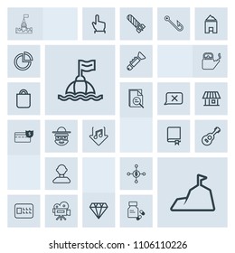 Modern, simple, grey vector icon set with mountain, water, camera, white, education, male, medieval, sea, musical, investment, security, retro, sky, profile, lock, architecture, business, safety icons