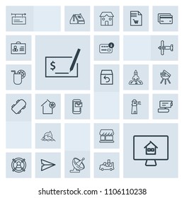 Modern, simple, grey vector icon set with customer, antenna, property, house, marketing, online, lighthouse, camera, technology, ocean, money, real, check, banner, video, light, dolphin, bag, tv icons