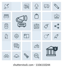 Modern, simple, grey vector icon set with truck, dish, parachute, money, help, communication, technology, retro, people, jump, satellite, gift, parachuting, gramophone, shipping, festival, music icons