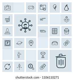Modern, simple, grey vector icon set with gun, screen, business, road, card, personal, id, competition, military, garbage, display, trash, weapon, internet, find, white, machine, communication icons