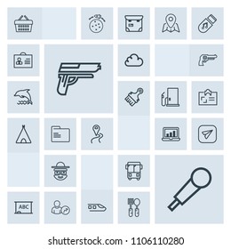 Modern, simple, grey vector icon set with railway, transport, cloud, graphic, speed, map, email, karaoke, business, bus, mic, road, gun, basket, communication, background, sound, market, handgun icons