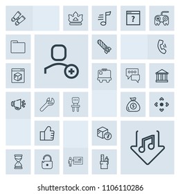 Modern, simple, grey vector icon set with hour, sound, financial, box, music, protection, technology, finance, money, download, concept, chair, comfortable, account, security, room, time, power icons