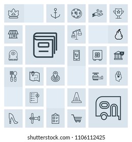 Modern, simple, grey vector icon set with business, crown, style, military, plane, female, aviation, checklist, library, document, royal, ladder, air, book, king, concept, point, idea, check, up icons
