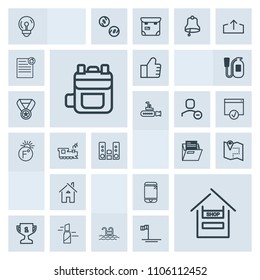 Modern, simple, grey vector icon set with backpack, light, pin, leather, house, food, pool, estate, supermarket, water, fashion, mobile, makeup, blue, bulb, road, internet, web, home, first, map icons
