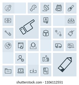 Modern, simple, grey vector icon set with sign, good, business, success, file, storage, laptop, folder, web, transport, account, support, ambulance, delete, pencil, pen, emergency, up, team, van icons