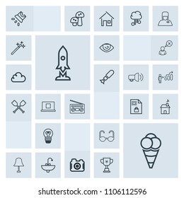 Modern, simple, grey vector icon set with sink, light, rocket, estate, water, space, building, dessert, glasses, market, photography, projector, eye, lightbulb, sun, lamp, ice, sunglasses, craft icons