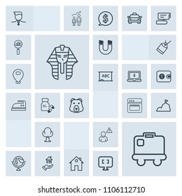 Modern, simple, grey vector icon set with baggage, planet, travel, real, sky, grizzly, cooking, winner, global, magnetic, egyptian, environment, airport, pharaoh, kitchen, nature, oven, profile icons