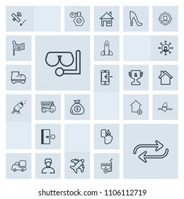 Modern, simple, grey vector icon set with house, truck, substitute, travel, vehicle, concept, object, shuttle, surf, change, space, new, apartment, tropical, lighter, property, aircraft, launch icons