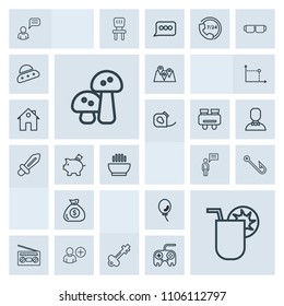 Modern, simple, grey vector icon set with juice, sound, chat, drink, music, mushroom, holiday, communication, rod, edible, pin, nature, celebration, location, financial, vintage, food, money icons
