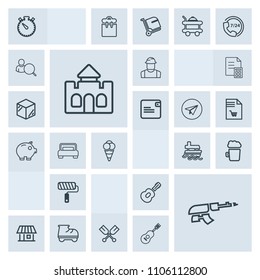 Modern, simple, grey vector icon set with beautiful, watch, tool, canoe, fun, tower, home, estate, timer, military, gun, ship, construction, bar, clock, time, white, person, vessel, army, ocean icons