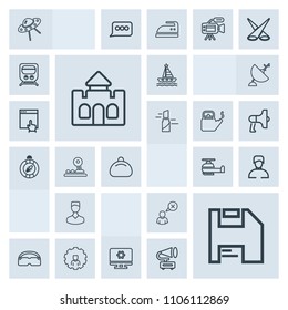 Modern, simple, grey vector icon set with online, mobile, human, architecture, helicopter, web, setting, technology, fashion, boat, spacecraft, sea, cancel, ufo, diskette, transportation, tower icons
