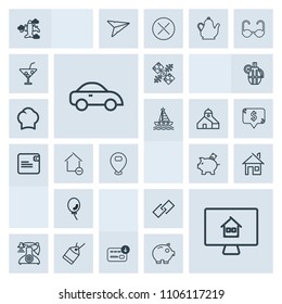 Modern, simple, grey vector icon set with property, building, flight, holiday, hyperlink, call, phone, transport, bank, sack, tag, architecture, satellite, money, aircraft, airplane, link, label icons