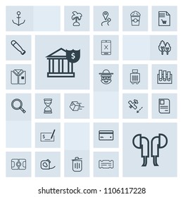 Modern, simple, grey vector icon set with headset, friction, plane, stadium, identity, flight, recycling, business, insulating, travel, garbage, ship, sign, money, pen, plastic, technology, id icons