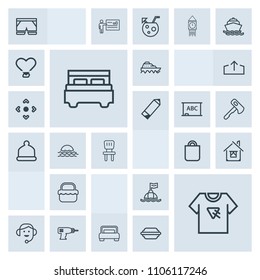 Modern, simple, grey vector icon set with shorts, double, tshirt, business, ship, interior, gift, furniture, headset, architecture, home, bedroom, bed, work, call, estate, buoy, life, house, sea icons