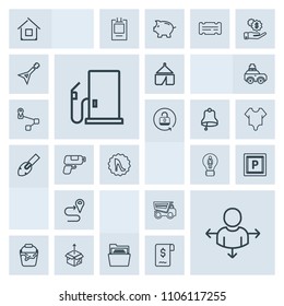 Modern, simple, grey vector icon set with business, camp, car, route, file, gasoline, idea, nature, direction, travel, truck, house, creative, folder, gas, place, handle, location, clean, box icons