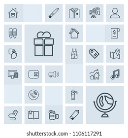 Modern, simple, grey vector icon set with increase, map, music, ocean, open, equipment, camera, telephone, global, package, giftbox, planet, musical, cell, film, technology, note, real, present icons