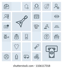Modern, simple, grey vector icon set with mail, forest, laboratory, guitar, weapon, bomb, falling, car, presentation, atm, public, equipment, environment, book, meeting, cute, bank, tool, rescue icons