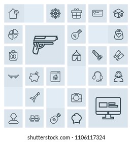 Modern, simple, grey vector icon set with music, glove, male, young, handle, internet, estate, real, competition, landlord, web, guitar, gun, pistol, property, technology, business, folk, girl icons