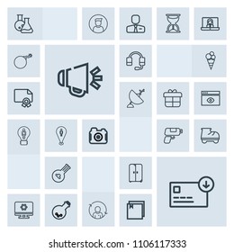 Modern, simple, grey vector icon set with cabinet, finance, refresh, camera, business, computer, loud, furniture, tool, game, bag, leisure, quality, voice, headset, loudspeaker, folk, fun, gun icons