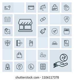 Modern, simple, grey vector icon set with web, door, exit, currency, sun, protection, employee, retail, card, paper, curtain, id, link, equipment, location, white, landscape, personal, escape icons
