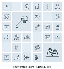 Modern, simple, grey vector icon set with cap, people, delivery, sound, communication, money, loudspeaker, fashion, pointing, announcement, pin, showing, car, wrench, megaphone, location, coin icons