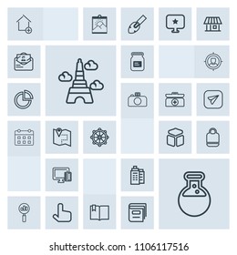 Modern, simple, grey vector icon set with card, medicine, pointer, eiffel, ship, real, shopping, equipment, cube, laboratory, house, open, wheel, search, france, leather, rudder, estate, metal icons