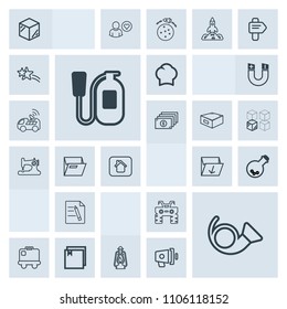 Modern, simple, grey vector icon set with office, vintage, packaging, dirt, web, wheel, travel, bugle, airport, food, luggage, lamp, tool, danger, musical, chef, cook, product, technology, file icons