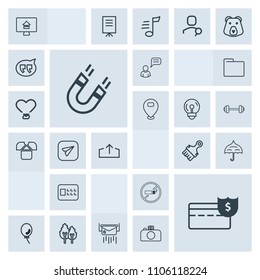 Modern, simple, grey vector icon set with security, landscape, paint, lock, celebration, magnetic, safe, letter, holiday, coin, tobacco, post, cash, online, property, umbrella, balloon, nature icons
