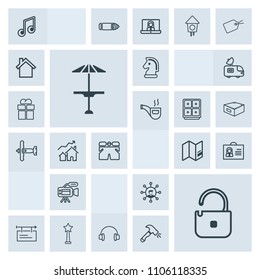 Modern, simple, grey vector icon set with technology, banner, music, success, woman, bar, travel, pub, cafe, profile, medal, wear, world, microphone, note, audio, strategy, protection, stereo icons