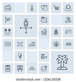 Modern, simple, grey vector icon set with box, fashion, domestic, tropical, delivery, transport, place, cash, aviation, transportation, balloon, leaf, location, helicopter, road, direction, cap icons