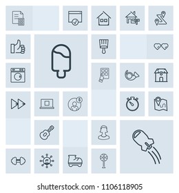 Modern, simple, grey vector icon set with rocket, brush, screen, white, display, map, profile, pin, business, beautiful, roller, musical, music, human, banking, workout, watch, clock, money, ice icons