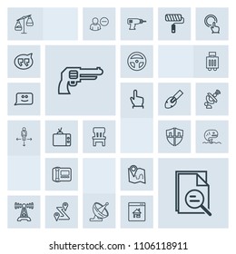 Modern, simple, grey vector icon set with map, balance, stationary, travel, communication, antenna, protect, navigation, medicine, laboratory, pistol, handgun, white, equipment, weight, station icons