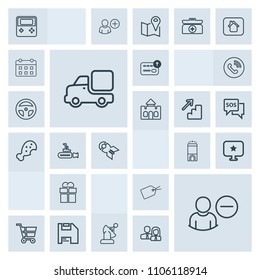 Modern, simple, grey vector icon set with boat, star, lorry, falling, bomb, account, currency, travel, nuclear, shop, transportation, money, present, business, trolley, luxury, white, box, hotel icons