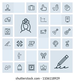Modern, simple, grey vector icon set with write, planet, car, music, transport, people, globe, sound, stamp, street, audio, education, geometry, headset, stationery, medical, pencil, business icons
