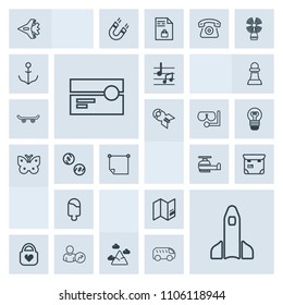 Modern, simple, grey vector icon set with air, landscape, phone, sound, travel, shuttle, jet, note, world, nature, tape, food, rocket, science, business, plane, object, people, mountain, blue icons