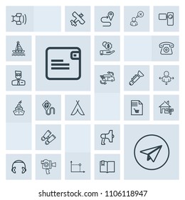 Modern, simple, grey vector icon set with headphone, glasses, film, announcement, spy, home, list, sound, geometry, internet, estate, music, house, search, mobile, notebook, purse, megaphone icons