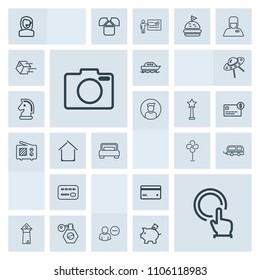 Modern, simple, grey vector icon set with card, bank, bus, boat, travel, water, sea, camera, lens, technology, bottle, transportation, click, famous, sign, beauty, plastic, center, transport icons