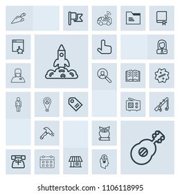 Modern, simple, grey vector icon set with call, antenna, fishing, rocket, musical, pin, tag, shuttle, sale, telephone, calendar, fish, label, equipment, reel, estate, time, price, signal, map icons