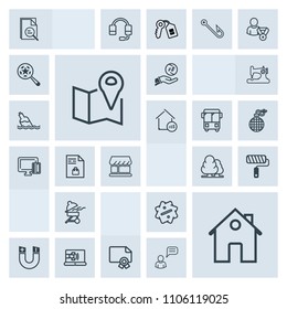 Modern, simple, grey vector icon set with money, landscape, estate, tree, grill, home, finance, travel, diploma, business, field, online, discount, certificate, house, pin, magnetic, meat, roll icons