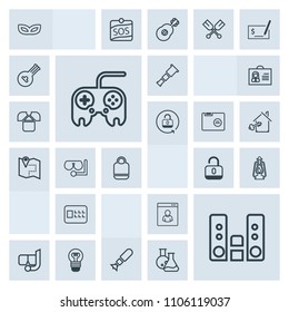 Modern, simple, grey vector icon set with play, falling, profile, bomb, sound, metal, snorkel, sea, male, telescope, water, carnival, weapon, open, celebration, lamp, space, astronomy, party icons