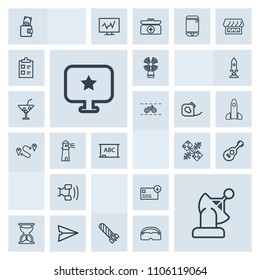 Modern, simple, grey vector icon set with musical, explosion, seamark, time, clock, email, lighthouse, business, web, telephone, message, purse, technology, power, finance, dollar, guitar, sand icons